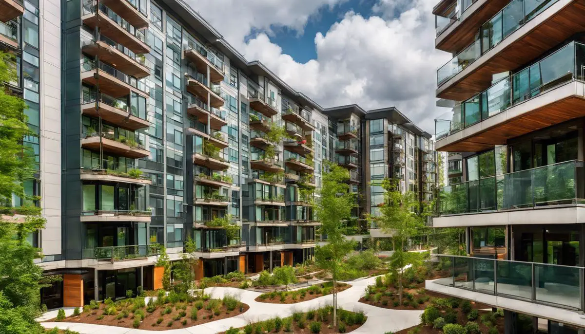 Photo of modern residential buildings in Atlanta with green spaces