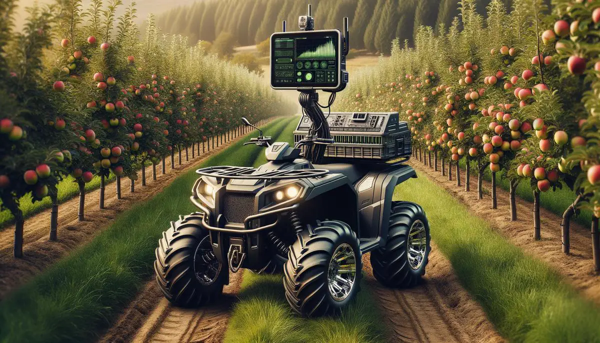 An ATV equipped with a high-tech scanner moving through an apple orchard, scanning trees