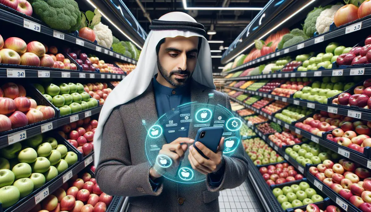 A person using a smartphone with an augmented reality app to view information about apples in a grocery store