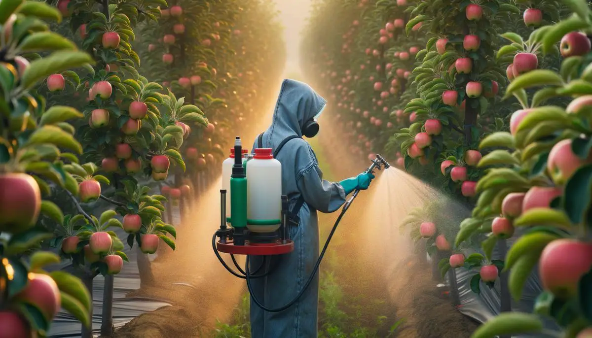 Agricultural worker applying AVG treatment to apple trees before harvest