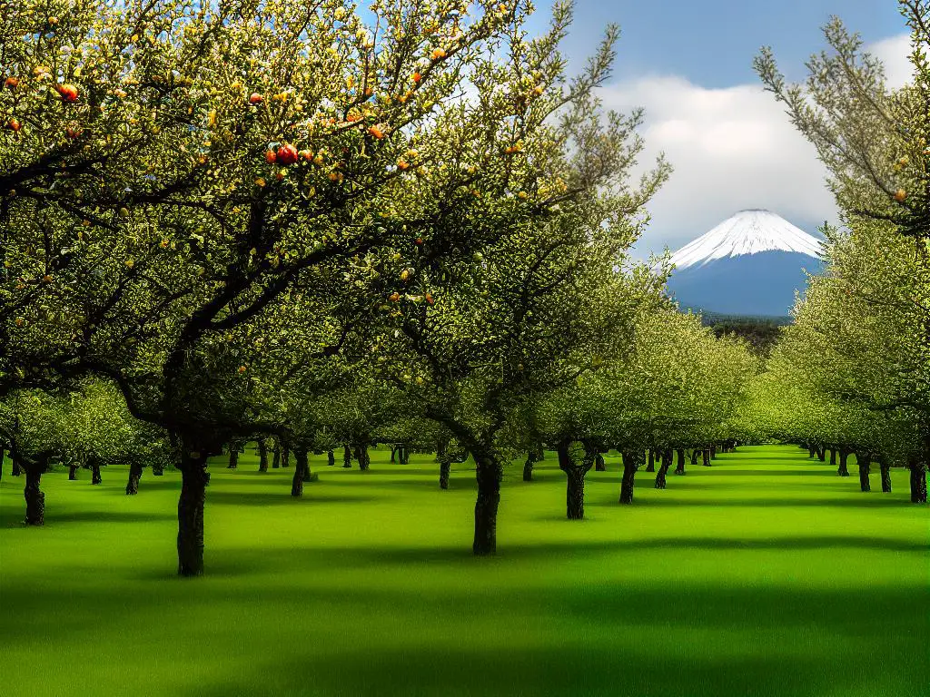 An image of Aztec Fuji apple trees in an orchard.