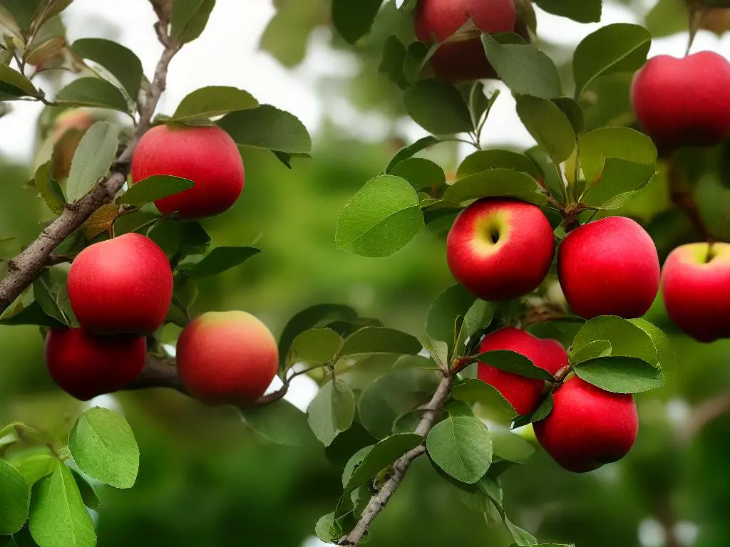 Photo of ripe aztec fuji apples on a tree branch, ready for picking