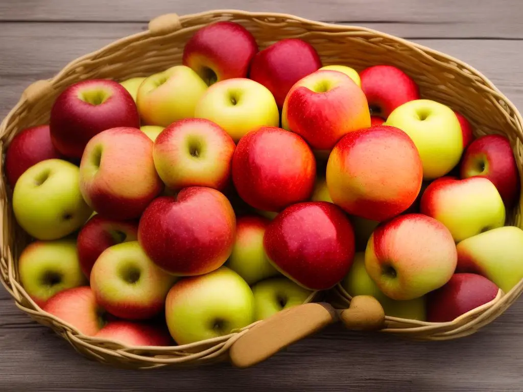 A close-up picture of Aztec Fuji apples placed in a wooden basket on a wooden table