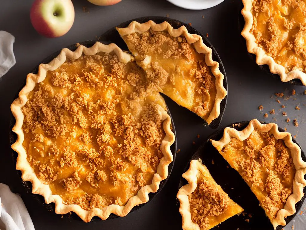 A close-up image of Honeycrisp apples being baked into a pie, with a golden, flaky crust on top.