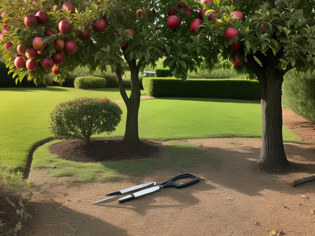 Pruning tools placed near a well-pruned apple tree.