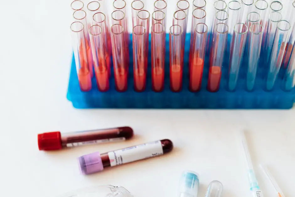 A person getting a blood test at a medical facility while a nurse prepares the necessary materials.