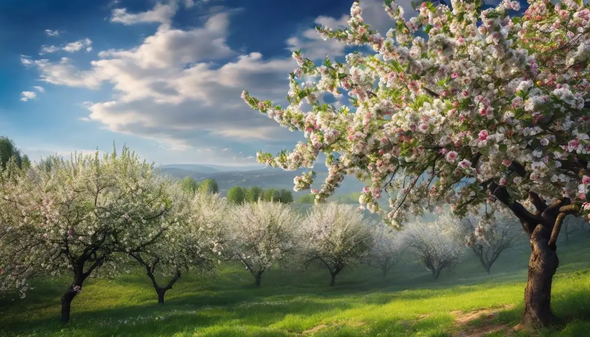 An image of a blooming apple tree with healthy fruits