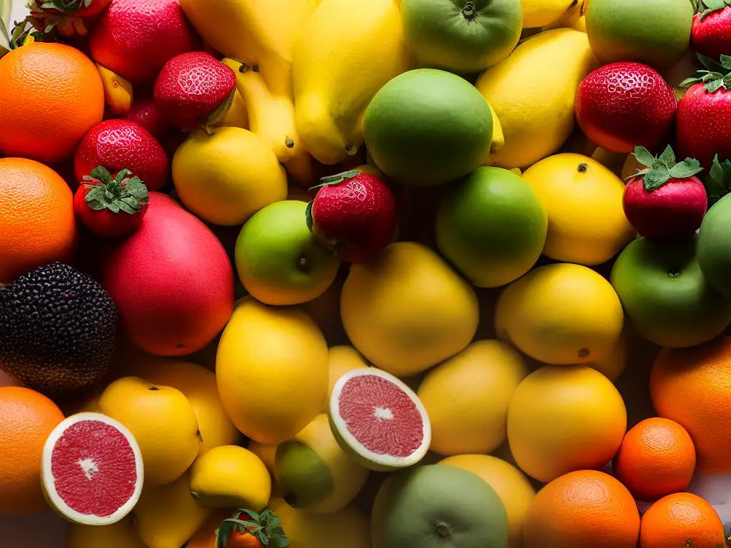 The image shows various fruits neatly arranged with a label of their name. It includes berries, bananas, citrus fruits like orange and grapefruit, and soft melons like watermelon and cantaloupe.