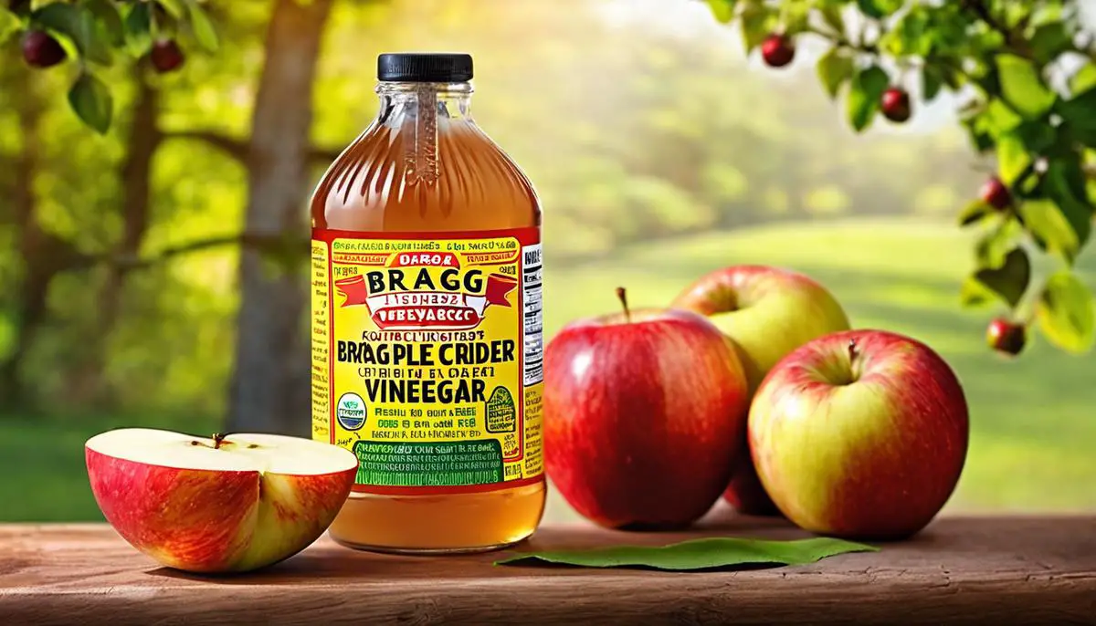 A bottle of Bragg Apple Cider Vinegar and Honey with fresh apples in the background