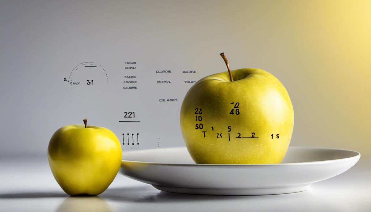 Image of a person holding a yellow apple and a plate with calorie symbols, representing the connection between calories and yellow apples