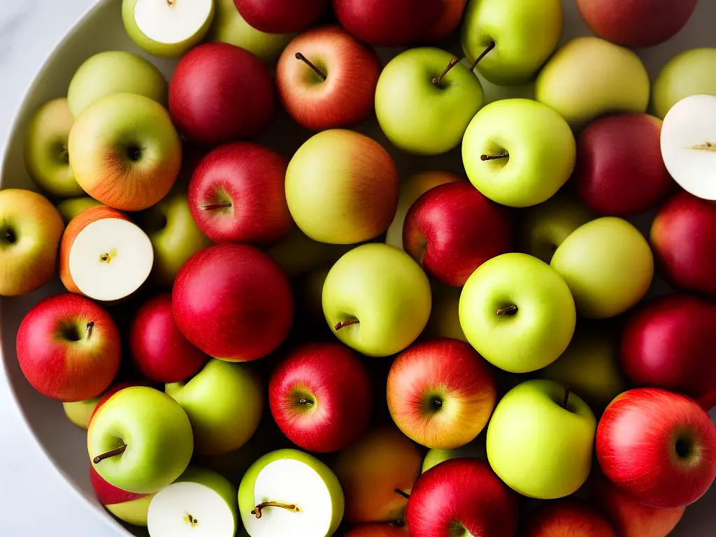 A close-up photo of a bowl filled with sliced Cameo apples, showcasing their vibrant and varied hues.