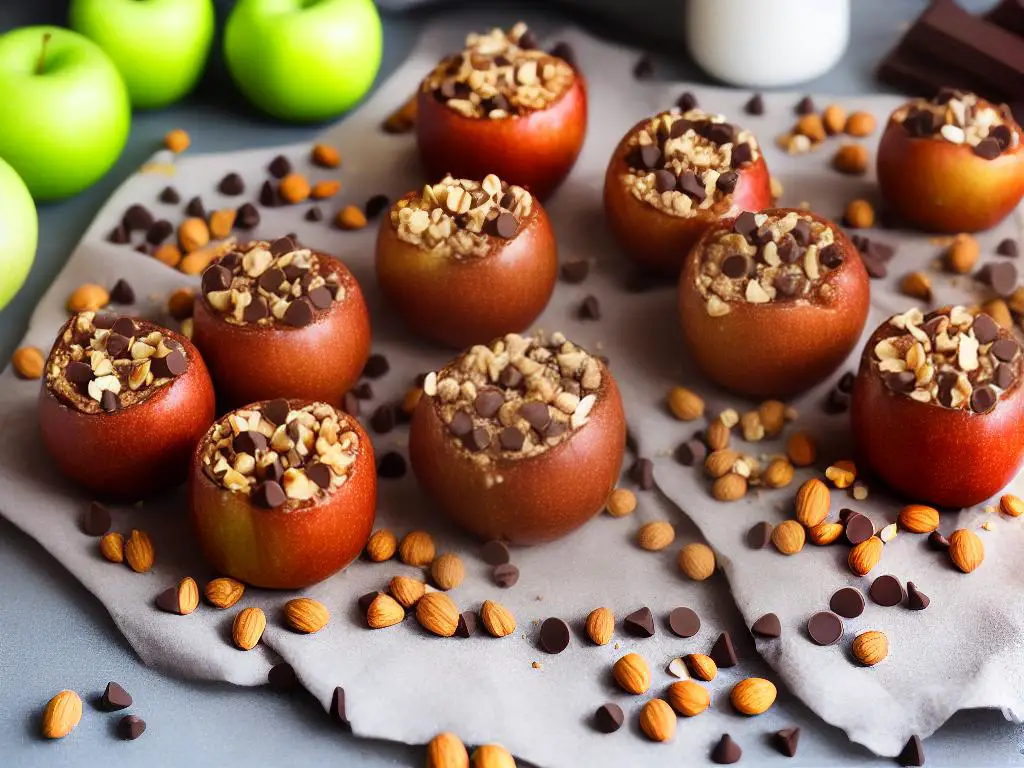 An image of a caramel apple with nuts and chocolate chips on top.