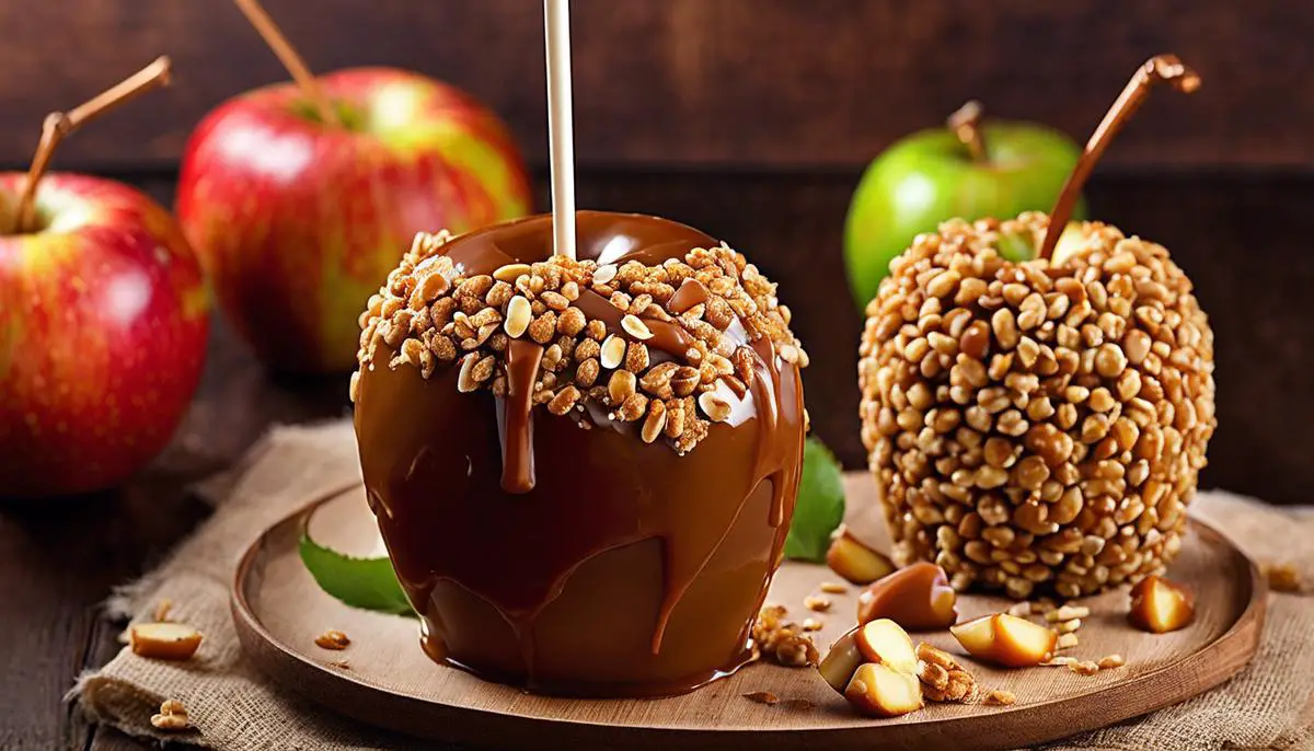 A delicious caramel apple dipped in homemade caramel and rolled in crushed peanuts. An indulgent treat perfect for autumn.