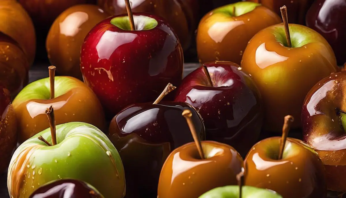 A close-up image of caramel-covered apples with a golden-brown color, showcasing the delicious combination of sweetness and tartness.