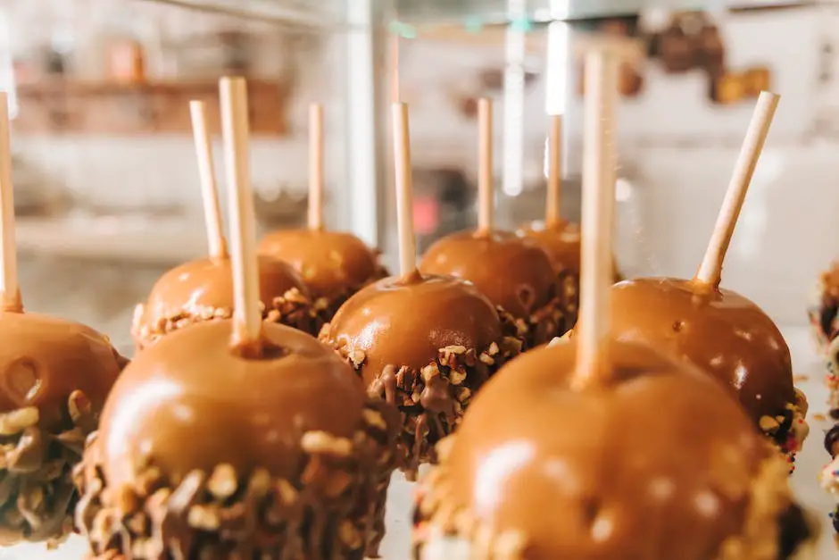 A picture of caramel apples being made, coated in caramel and placed on a baking sheet.