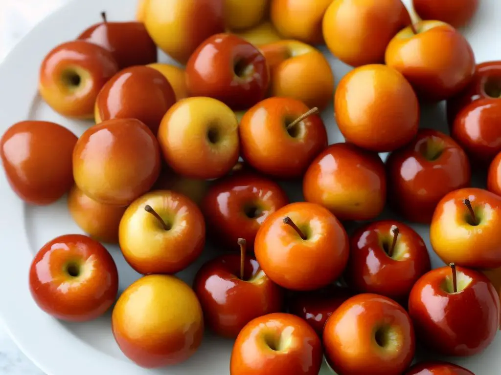 An image of delicious caramel-coated apples that have been placed on a white plate.