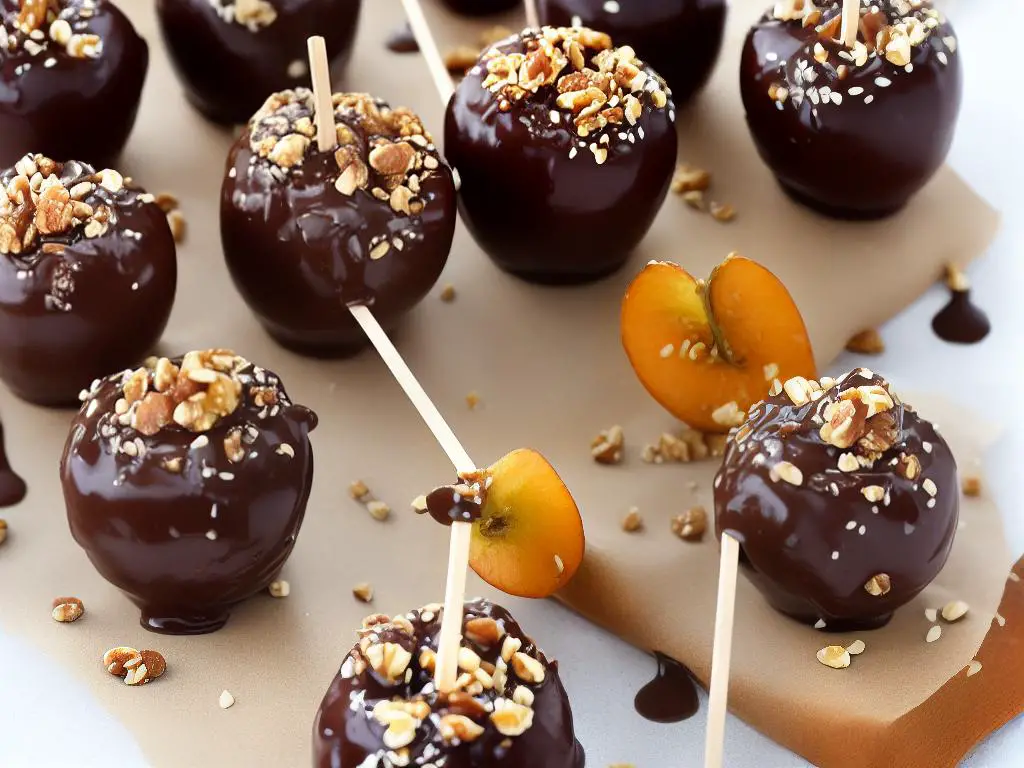 A picture of caramel apples on a stick covered with crushed nuts and chocolate drizzle.