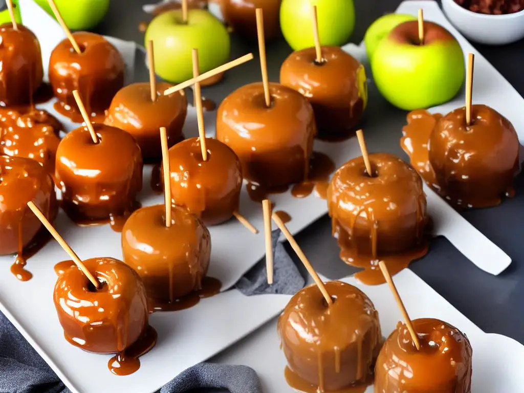 A picture of caramel apples on sticks with caramel drizzled over them.