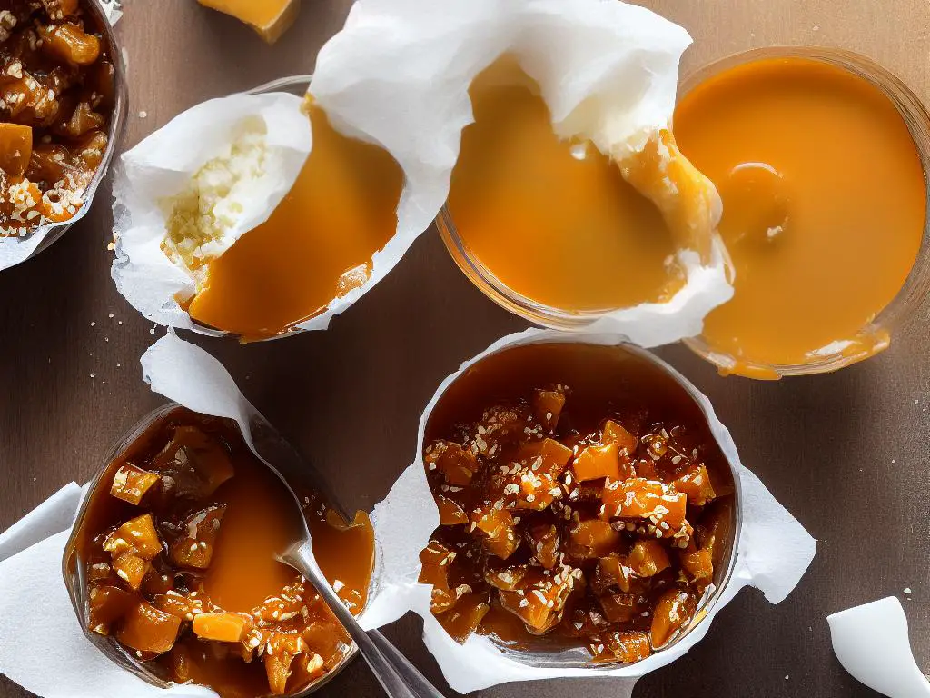 A picture of wet caramel and dry caramel side by side.