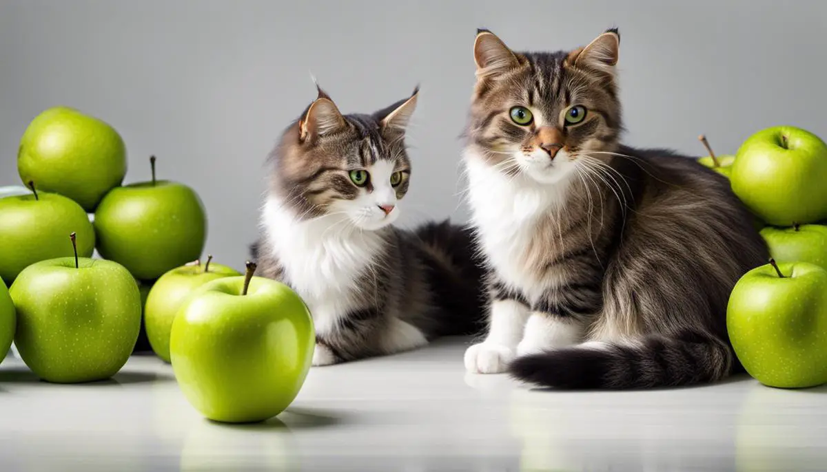 Image describing the topic of cats and green apples, providing information about their compatibility for cat consumption.