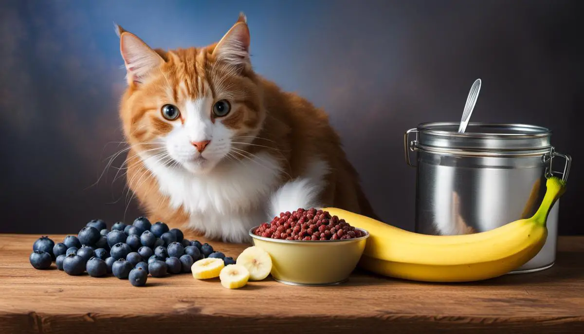 Image of a cat eating cat food, blueberries, and a banana