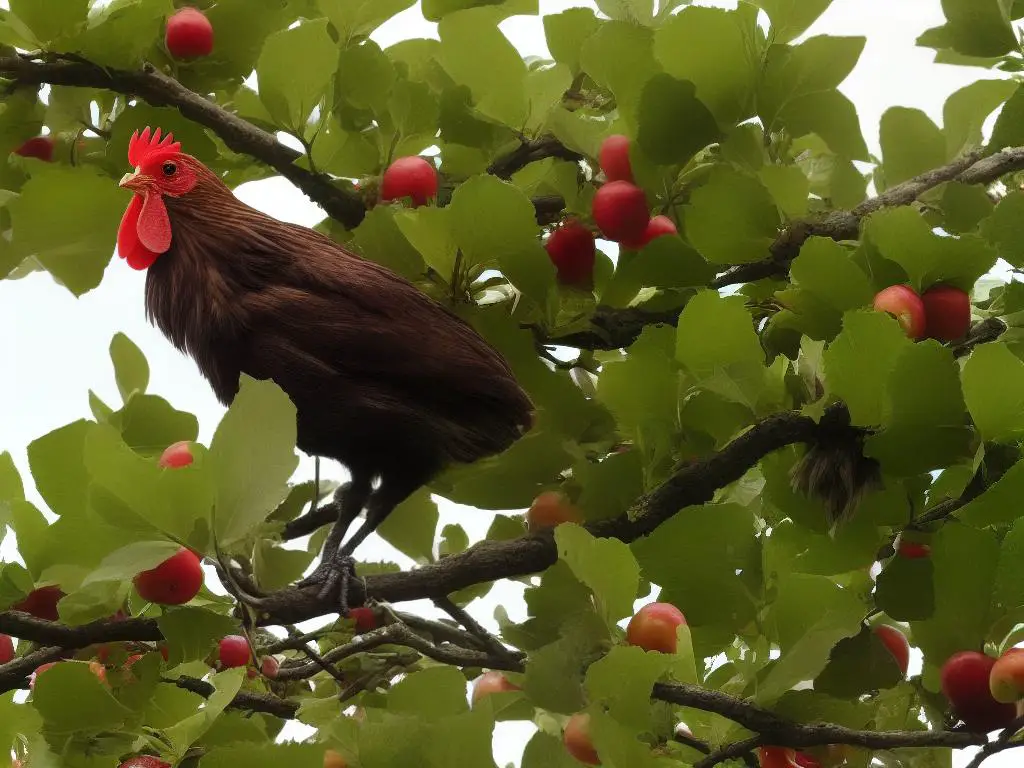 A picture of a chicken near a crab apple tree.