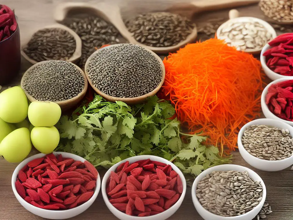 This image shows healthy fruits and treats for chinchillas, such as goji berries, sunflower seeds, and dried herbs, to be used as alternatives to apples.