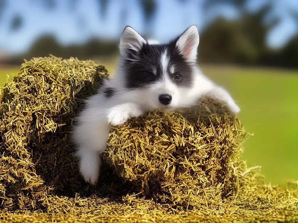 A small furry animal sitting in a cage eating dried green hay.