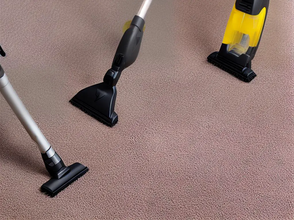 An image of a clean carpet with a spray bottle filled with a cleaning solution next to it.