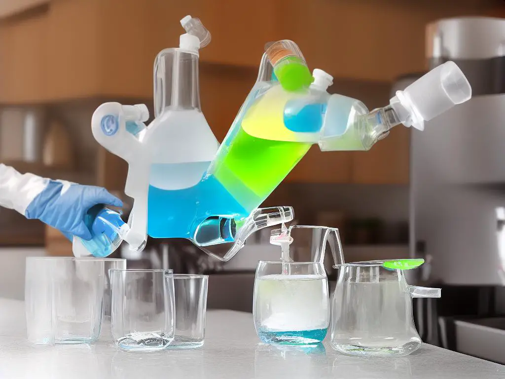 A cartoon figure wearing gloves and diluting a bottle of ACV with water as they prepare to clean a urine stain from a surface. The figure is shown holding the diluted ACV solution in a spray bottle, with a happy expression on their face.