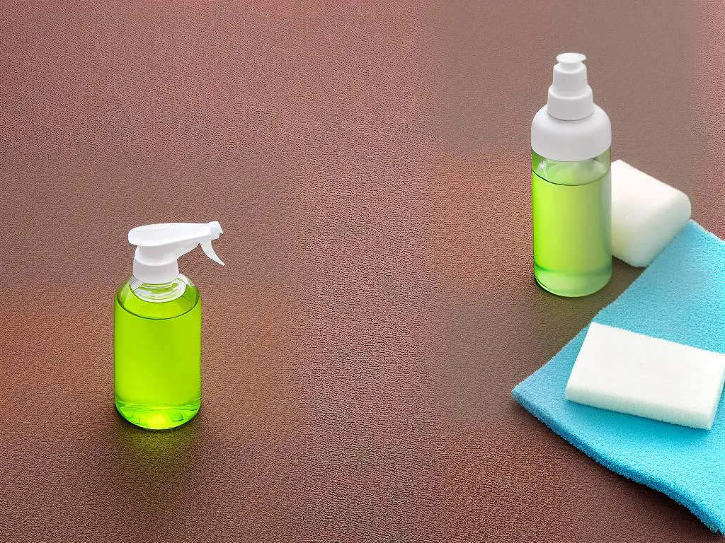 An image of a spray bottle on a surface with a cloth and a sponge nearby that represent materials needed for cleaning urine stains.