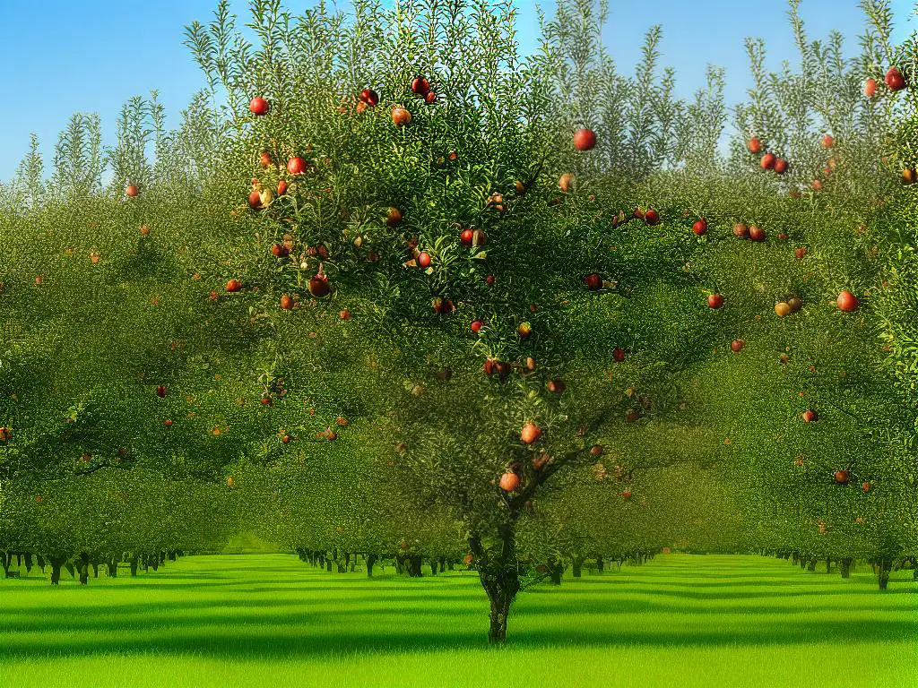 A beautiful picture of an apple orchard in Cleveland, TN with rows of apple trees and a blue sky in the background.