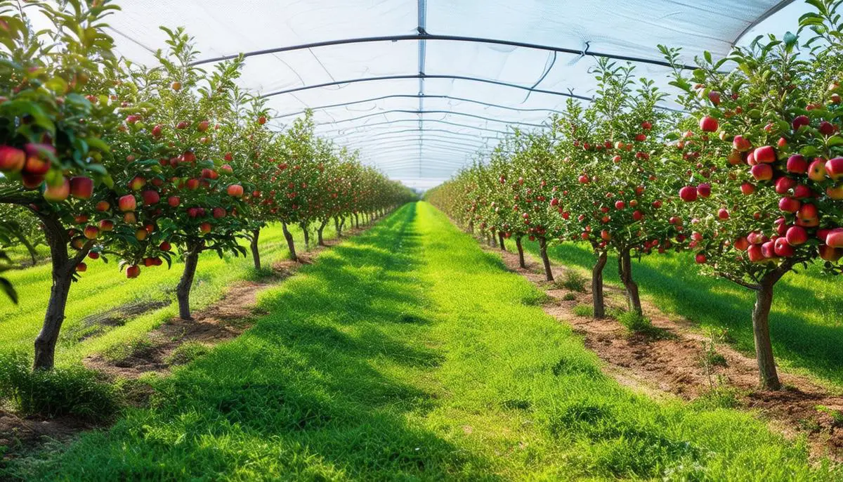 Modern apple orchard with climate adaptation technologies like shade nets and drip irrigation