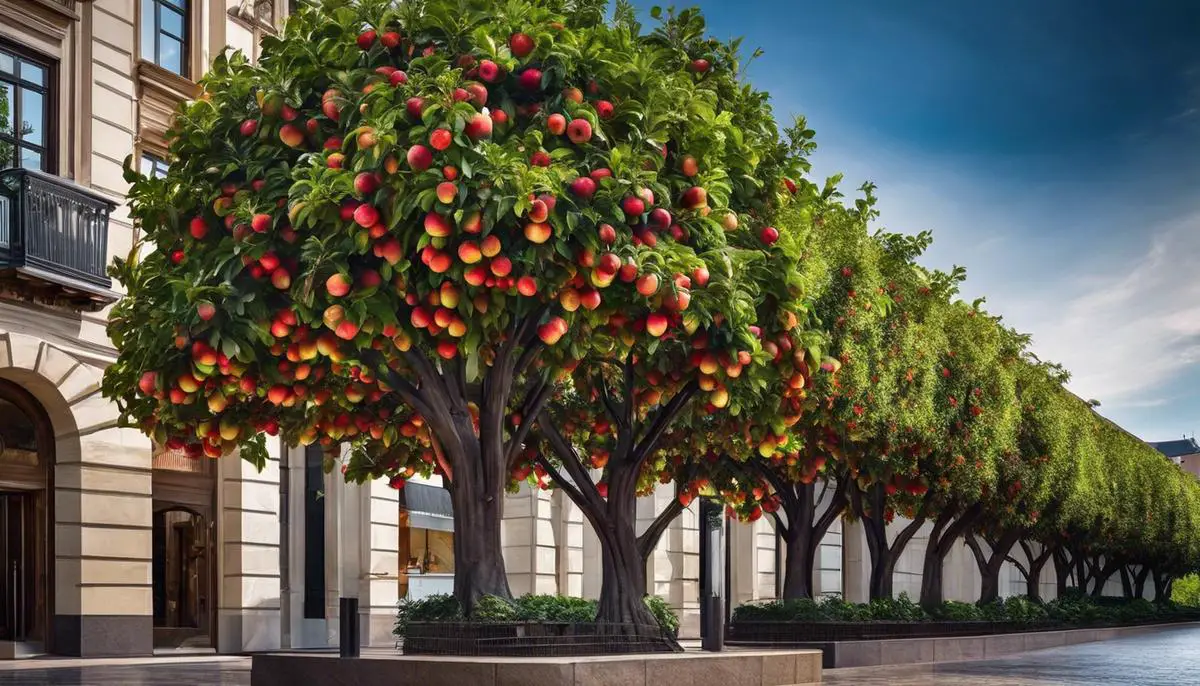 Image of a Colonnade Apple Tree with narrow branches growing vertically. The tree is bearing colorful apples and standing in a compact urban space.