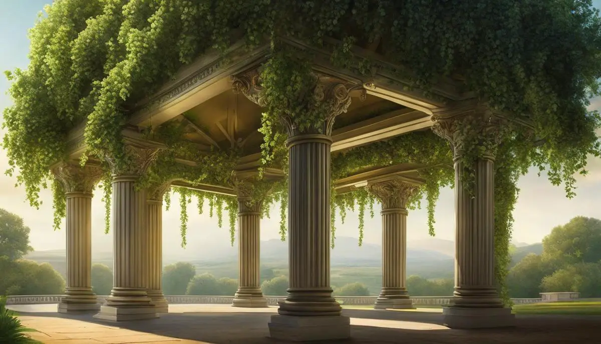 Illustration of a colonnade apple tree surrounded by greenery