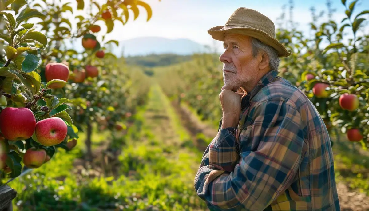 A contemplative apple farmer overlooking their orchard, with visual representations of economic challenges