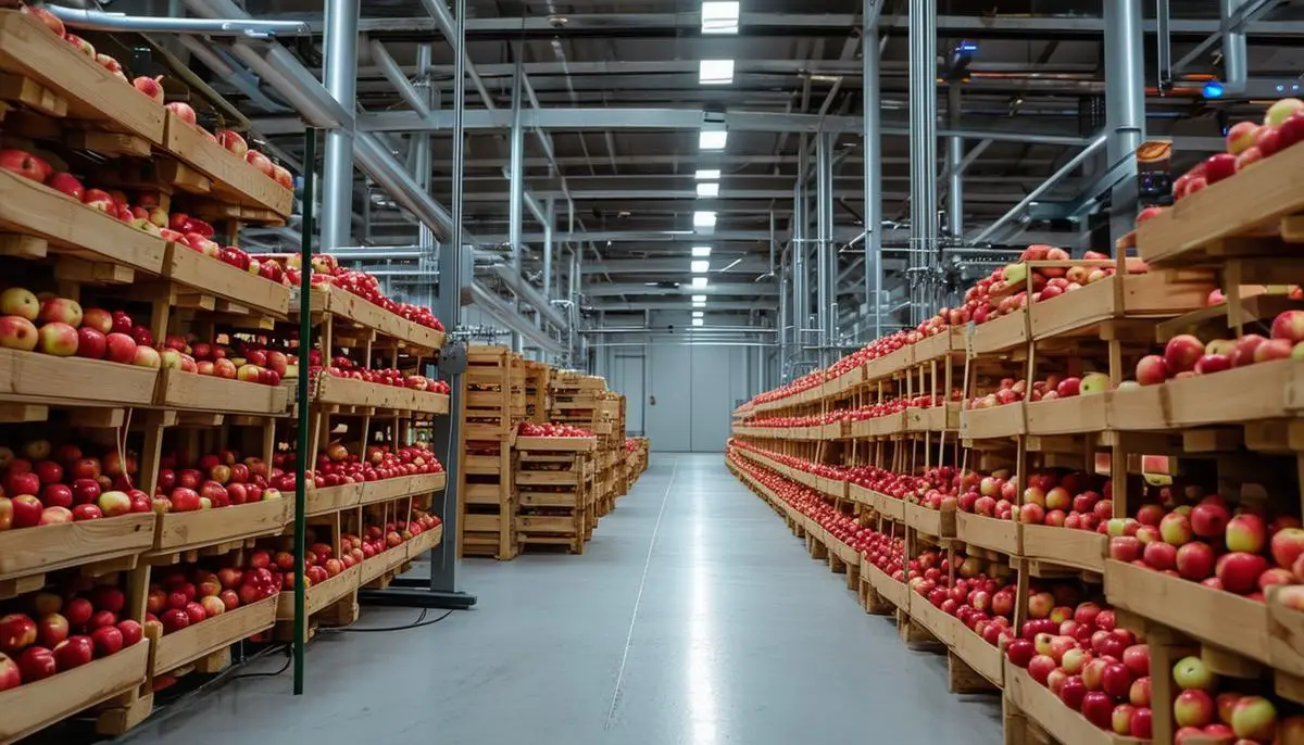 Interior of a Controlled Atmosphere storage facility for apples, with stacked crates of apples and monitoring equipment