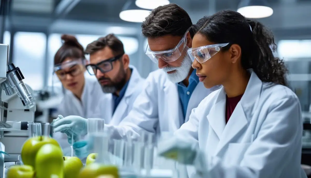 Team of diverse researchers analyzing apple industry data in a modern laboratory