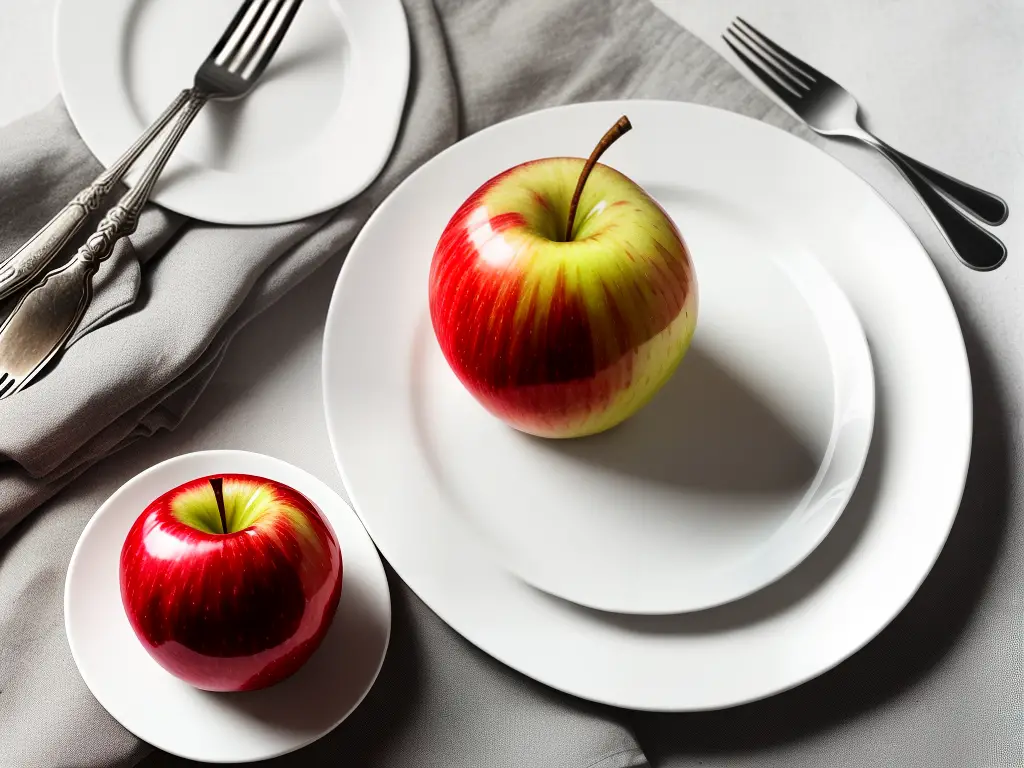 A red and green apple with white flesh cut in half on a white plate with a fork next to it.