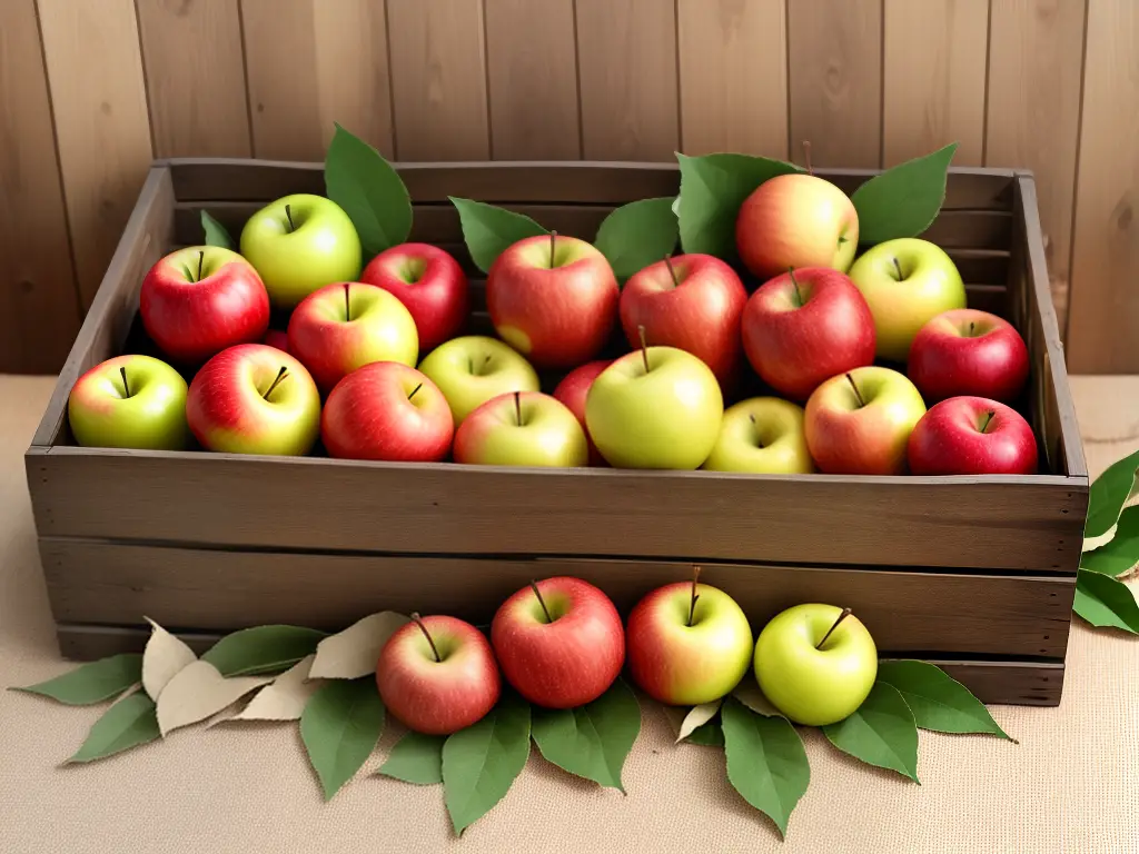 A variety of Cortland apples displayed in a wooden crate with green and gold leaves around them against a red-and-white checkered background.