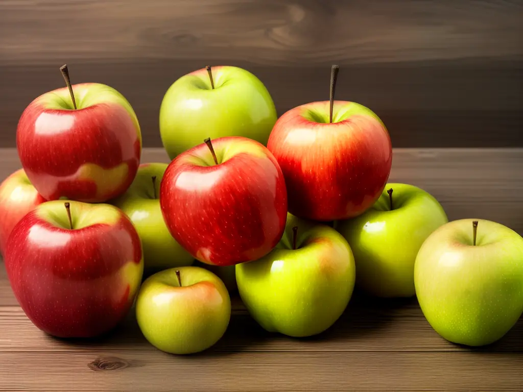 An image of several green and red Cortland apples arranged on a wooden table.