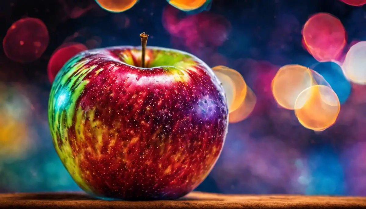 A close-up image of a Cosmic Crisp apple, showing its speckled pattern and vibrant colors.