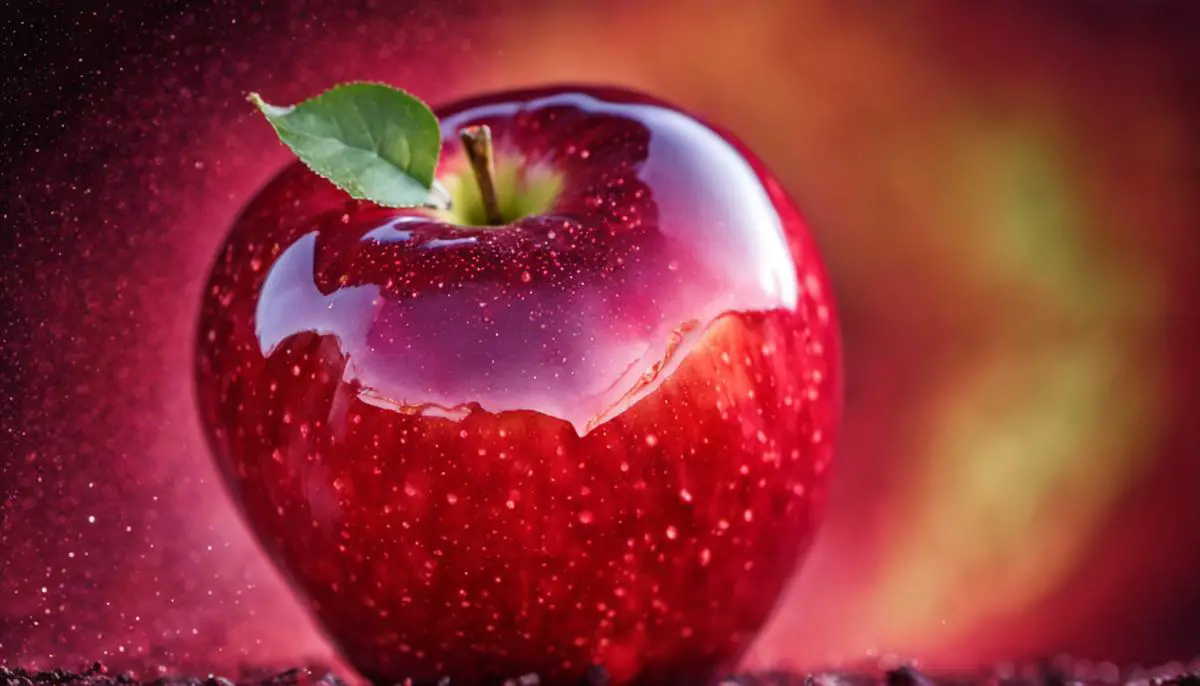 A close-up image of a Cosmic Crisp apple. It is red, shiny, and enticing.