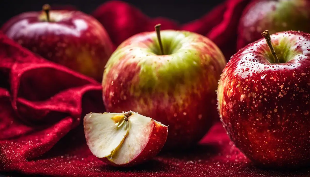 A close-up image of a Cosmic Crisp apple with a red and white speckled body, showcasing its vibrant colors and deliciousness.