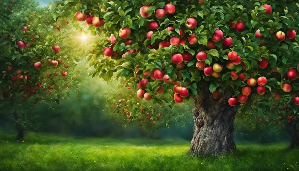 Image of a Cosmic Crisp apple tree with vibrant green leaves and red apples hanging from its branches
