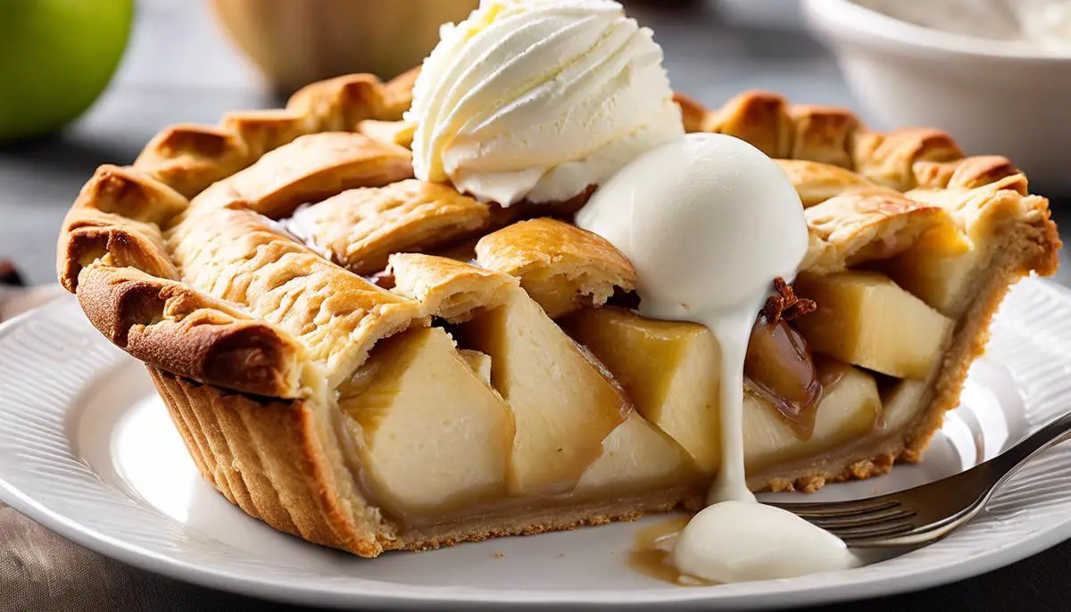 A delicious-looking apple pie from Costco, freshly baked and golden brown, with a scoop of vanilla ice cream on top.