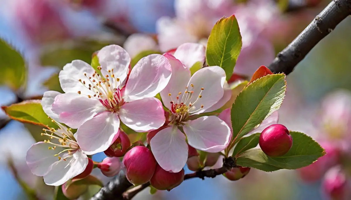 A close-up image of a crab apple blossom, showcasing its delicate petals and vibrant colors