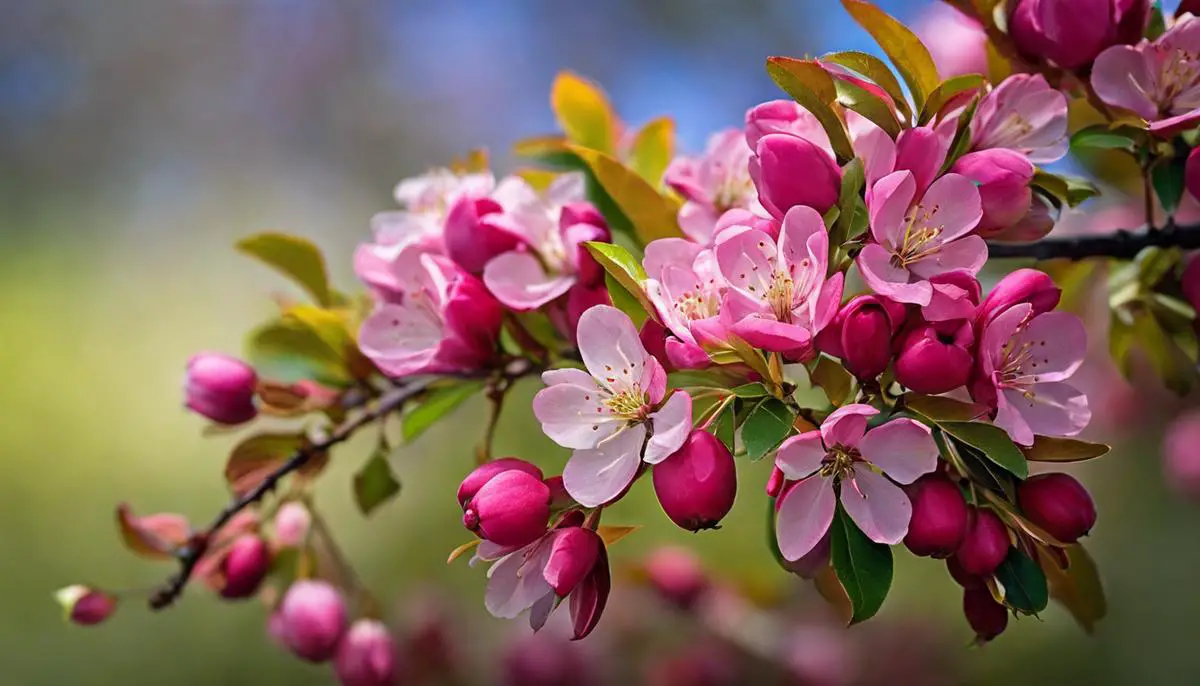 Image of crab apple blossoms, showcasing their vibrant colors and the stark contrast between the petals and the tree's foliage