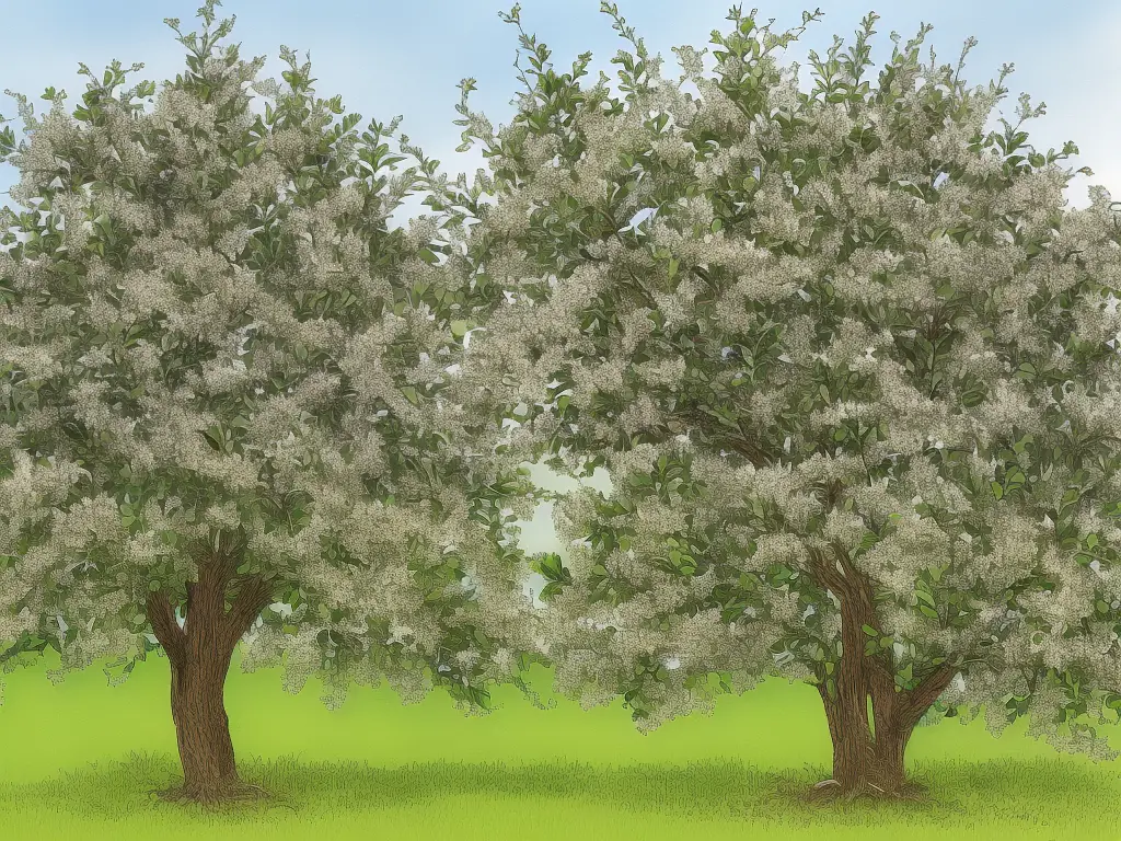 Illustration of a crab apple tree with labeled branches and roots growing in a well-watered garden bed.