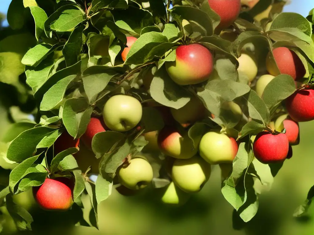 A bunch of small red and yellow apples on a tree with green leaves, with a few apples having fallen on the ground.